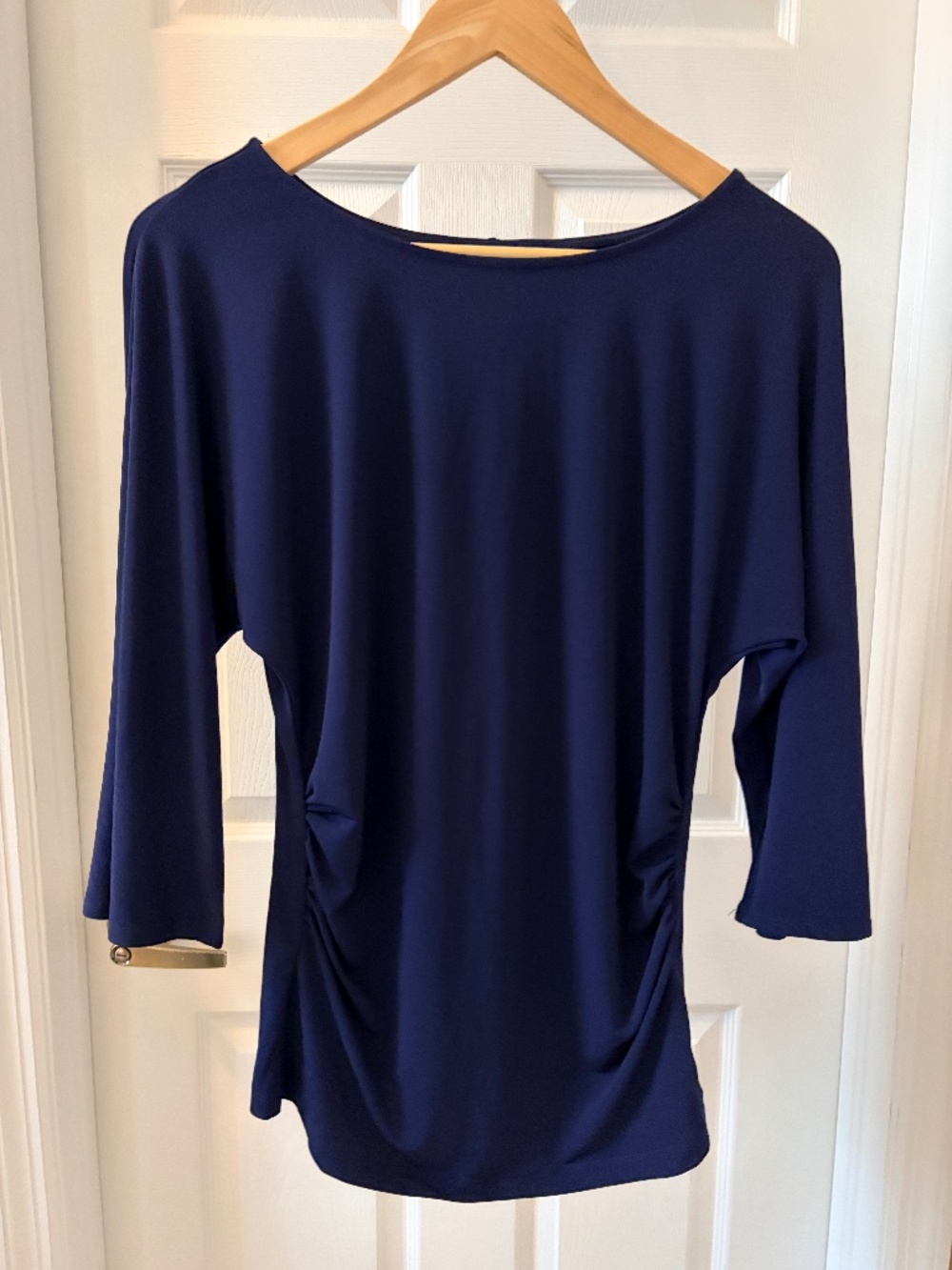 New York & Company Navy Blue Ruched Women’s Top, Boat Neckline & Bell Sleeves